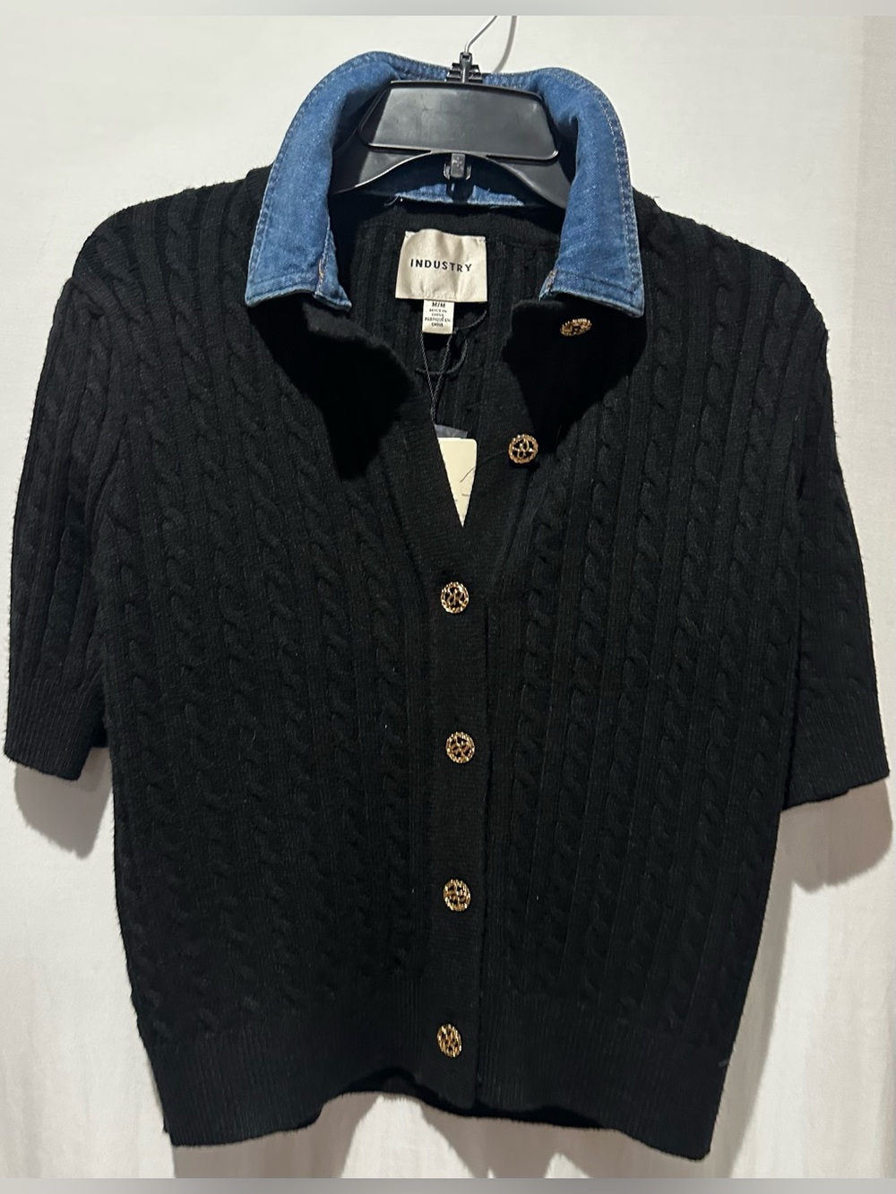 Women's Black Cable-Knit Short Sleeve Cardigan - Size M